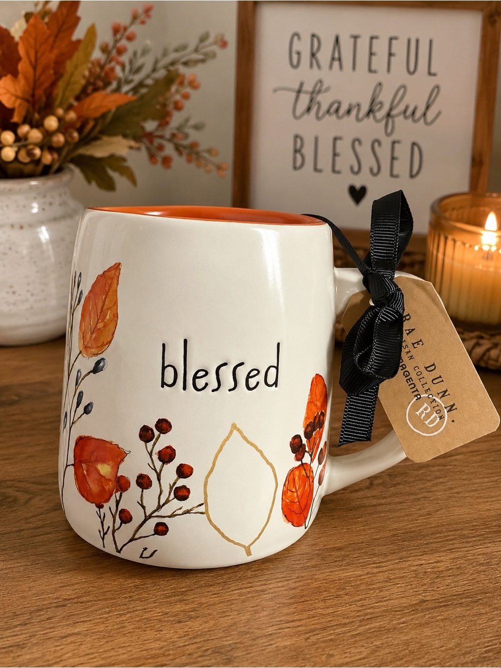 Rae Dunn White Mug with Orange Interior and Autumn Floral Accents - "blessed"